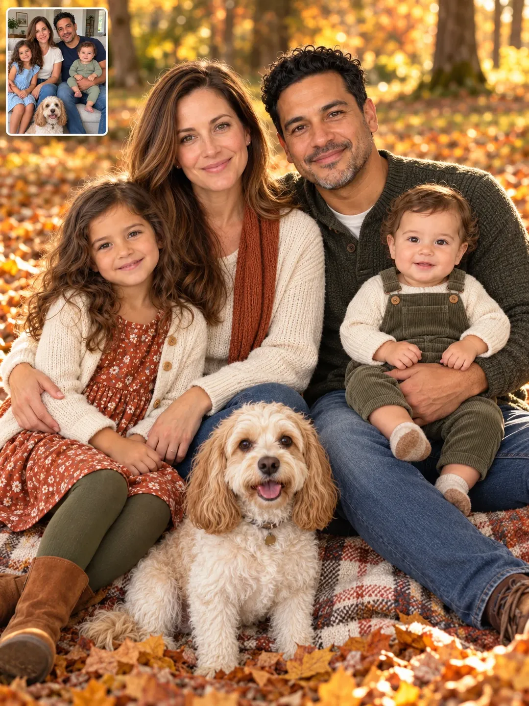 Autumn park family photoshoot with dog AI prompt