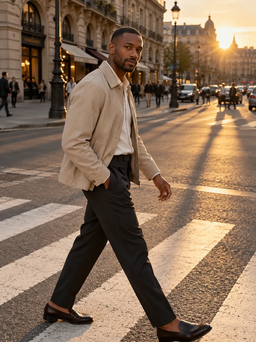 City crosswalk golden hour AI photoshoot