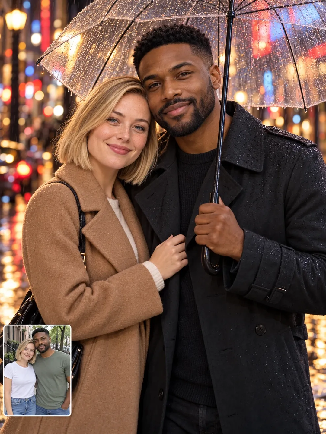 Couple under umbrella on rainy street AI photoshoot