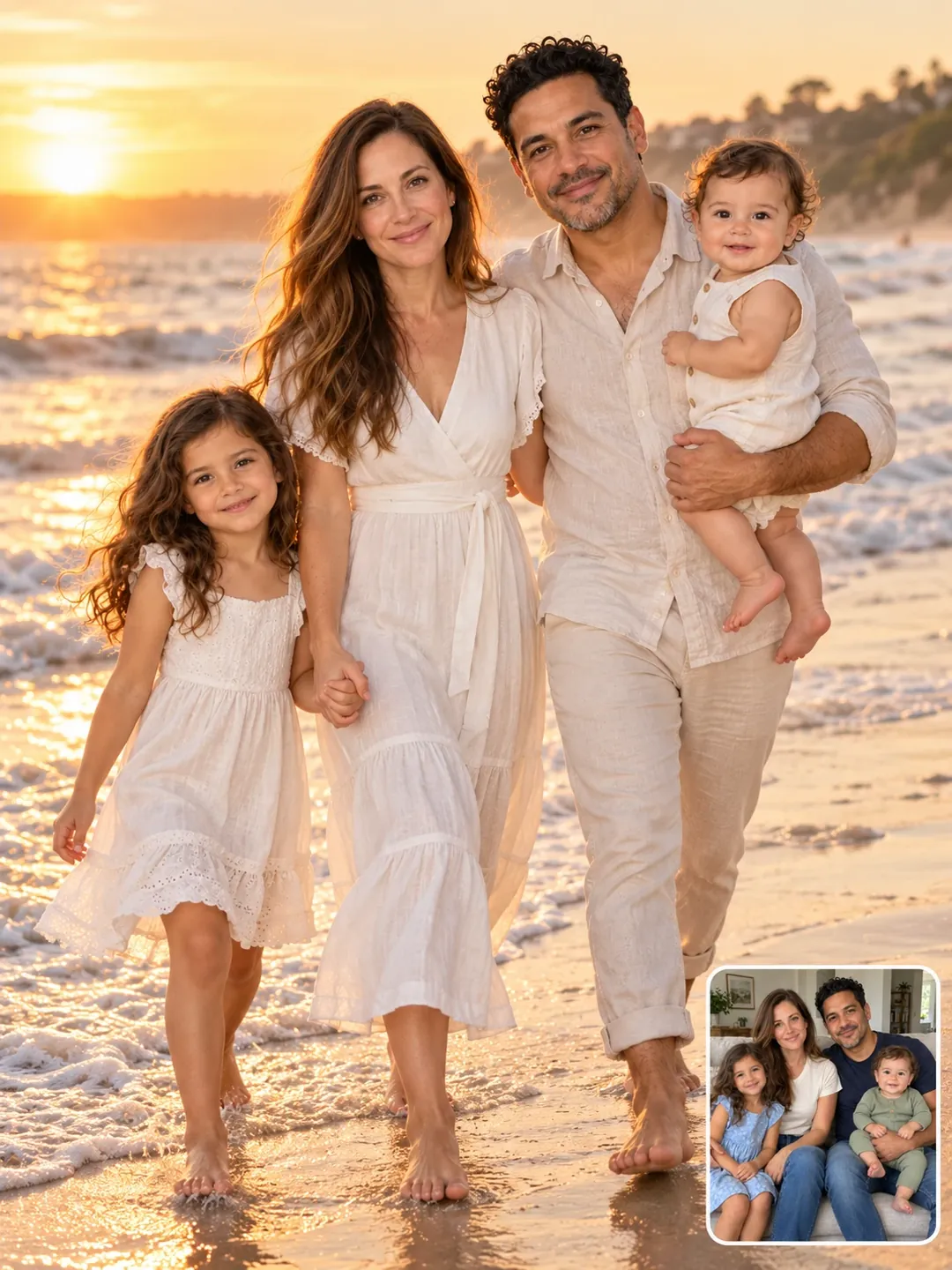 Family sunset beach walk AI photoshoot