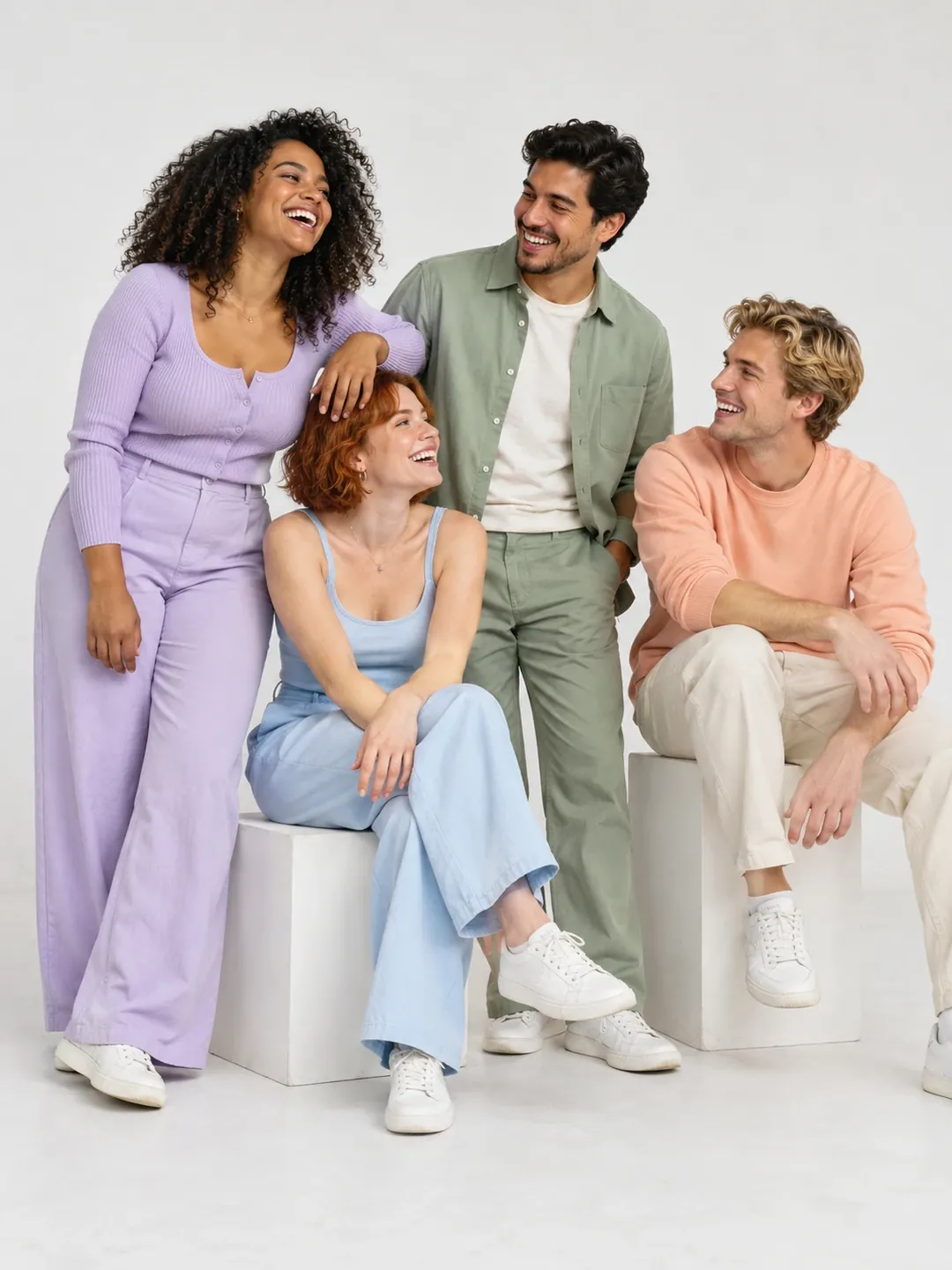 Friends group studio AI photoshoot in pastel outfits
