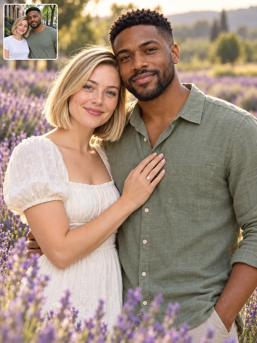 Lavender field engagement AI couple photoshoot