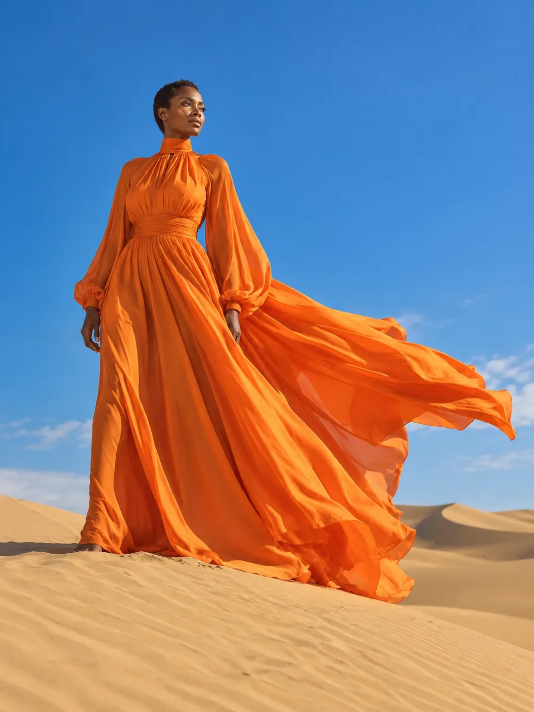 Orange silk dress on sand dunes editorial AI photoshoot