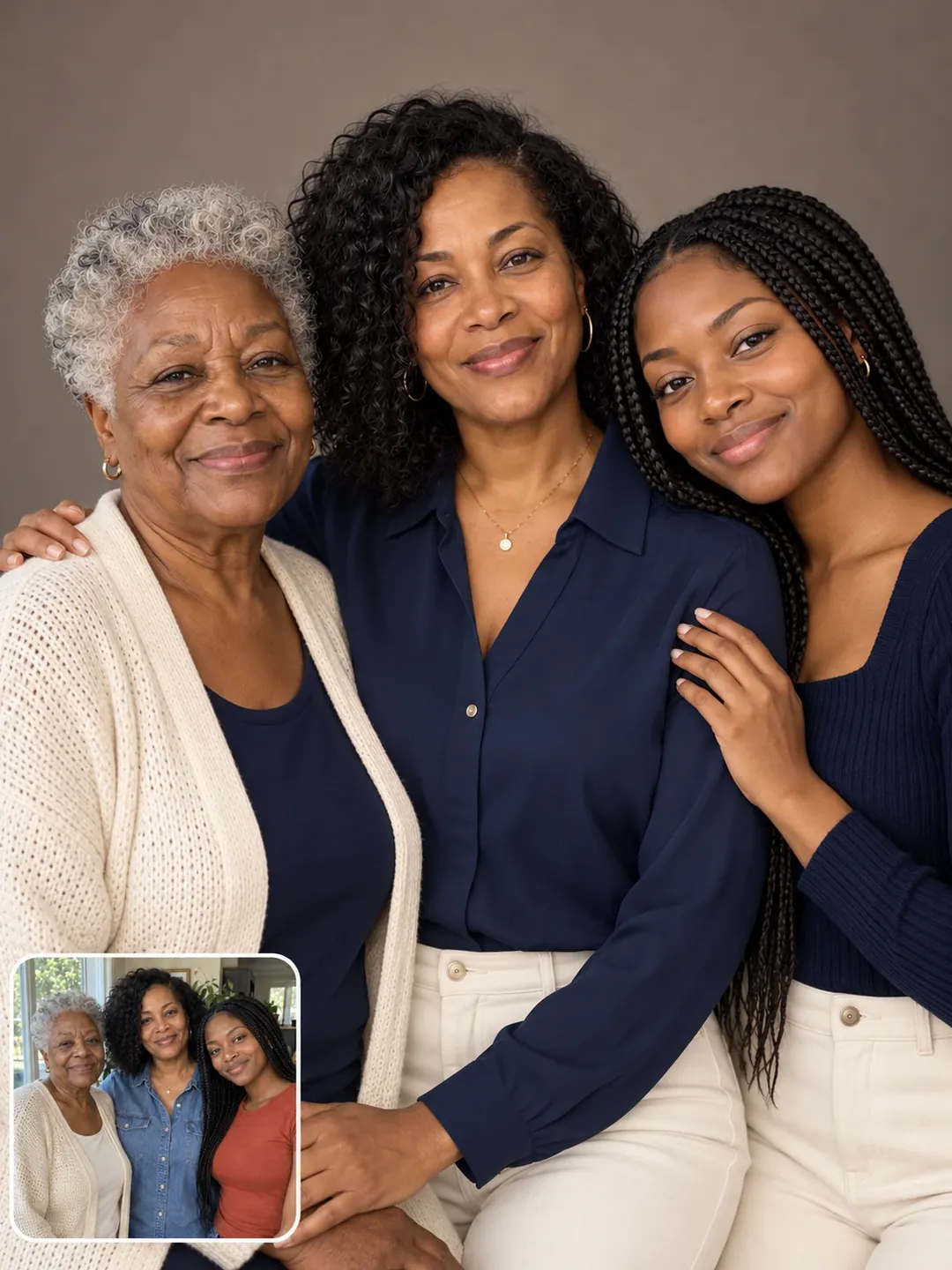 Three generations family studio portrait AI photoshoot
