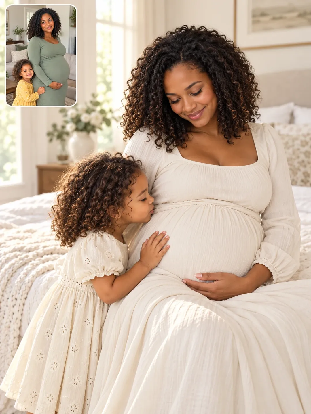 Toddler kissing mom's bump AI maternity photoshoot