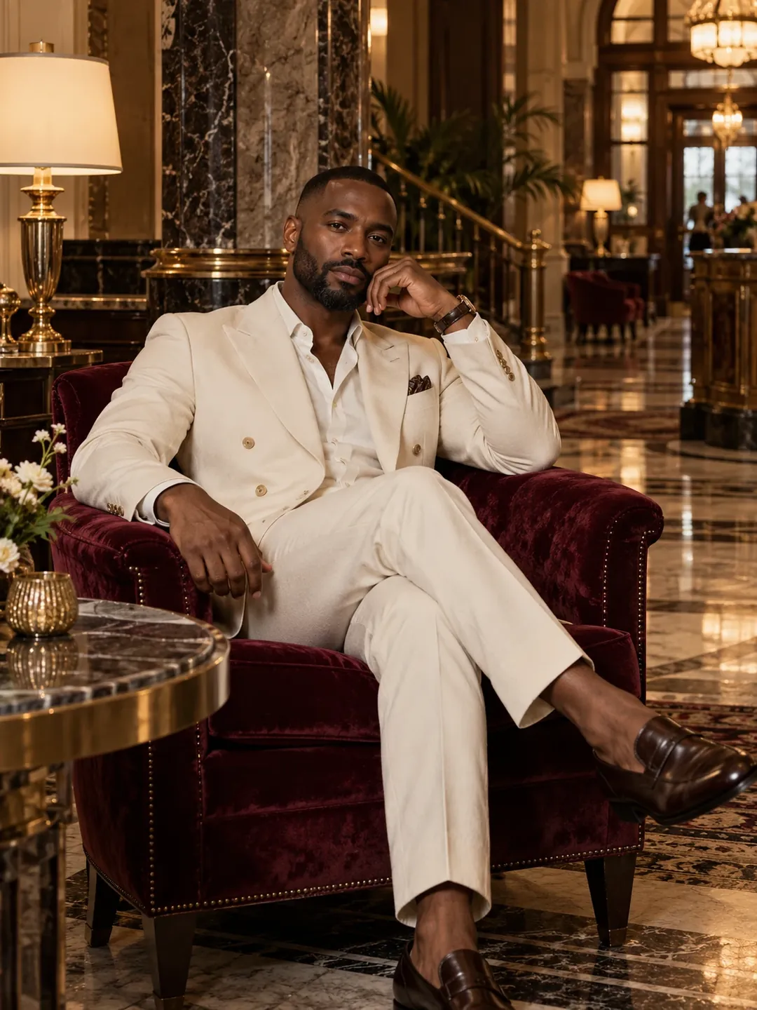 Vintage hotel lobby menswear editorial AI photoshoot
