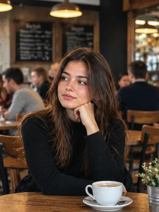 AI-generated café portrait illustrating a basic image prompt with minimal visual instructions.