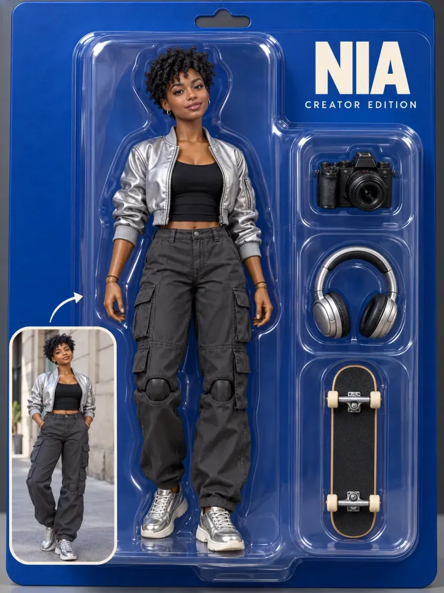 Selfie turned into an action figure in a blister pack