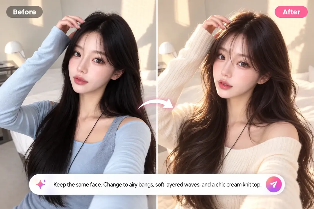 Before and after: same face with airy bangs, soft layered waves and a cream knit top – AI photo edit prompt